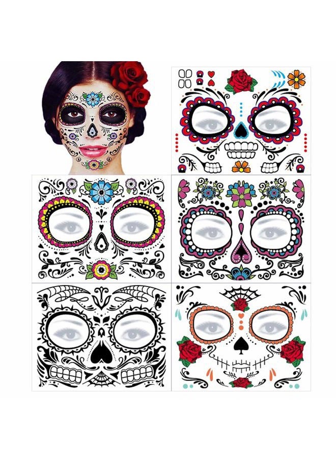 MANGOIT Halloween Face Tattoo Day of the Dead Tattoos Sugar Skull Water Transfer Stickers(5 PACK) with Floral Red Rose Black Web Fake Face Mask Tattoo for Mexican Halloween Parties Favor Supplies, Masquerade - Image 1