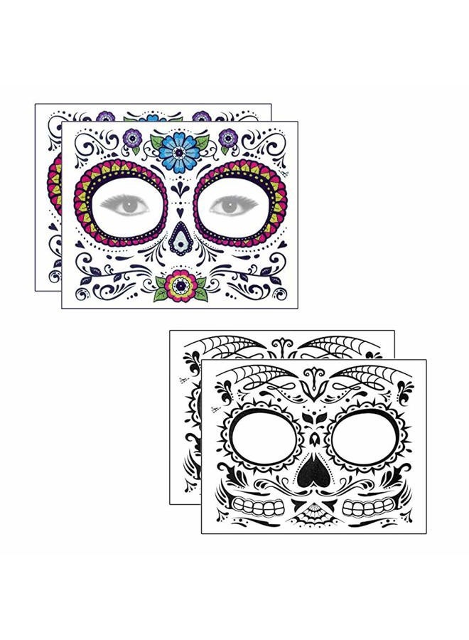 MANGOIT Halloween Face Tattoo Day of the Dead Tattoos Sugar Skull Water Transfer Stickers(5 PACK) with Floral Red Rose Black Web Fake Face Mask Tattoo for Mexican Halloween Parties Favor Supplies, Masquerade - Image 2