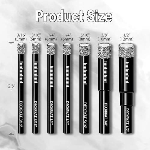 DECKRKAT 7 Piece Diamond Drill Bits Set, Core Drill Bits for Hard Materials - Tiles Ceramics Glass Stones – Built in Coolant, Fast Dry Drilling - Sizes 3/16" 1/4" 5/16" 3/8" 1/2" - Round Shank, Storage Case - Image 2