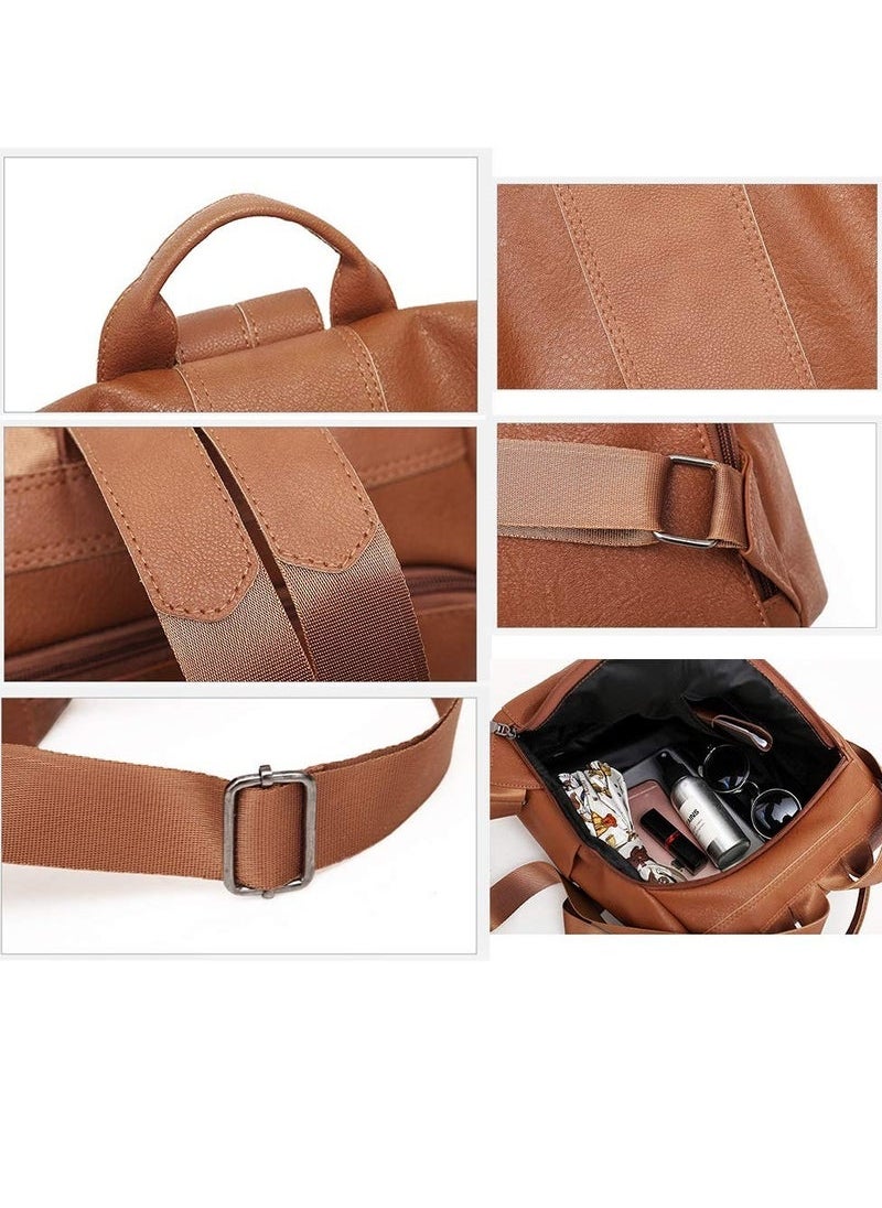 Captaintech Backpack Handbag PU Leather Daypack Shoulder Bag Antitheft Ladies Rucksack Lightweight Waterproof School Bags for Women/Girls Travel Stylish and Functional Travel Companion Brown  - Image 3