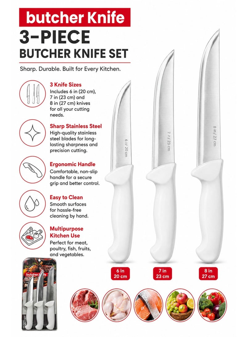 3 Piece Butcher Knife Set, Stainless Steel Meat Cutting Knives (6", 7" & 8"), Sharp Kitchen Butcher Knives with Ergonomic Handles - Image 2