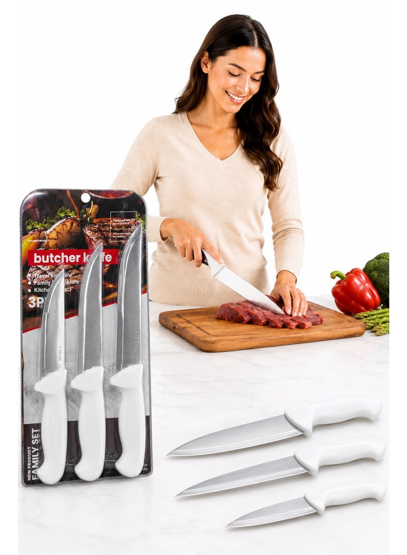 3 Piece Butcher Knife Set, Stainless Steel Meat Cutting Knives (6", 7" & 8"), Sharp Kitchen Butcher Knives with Ergonomic Handles - Image 1