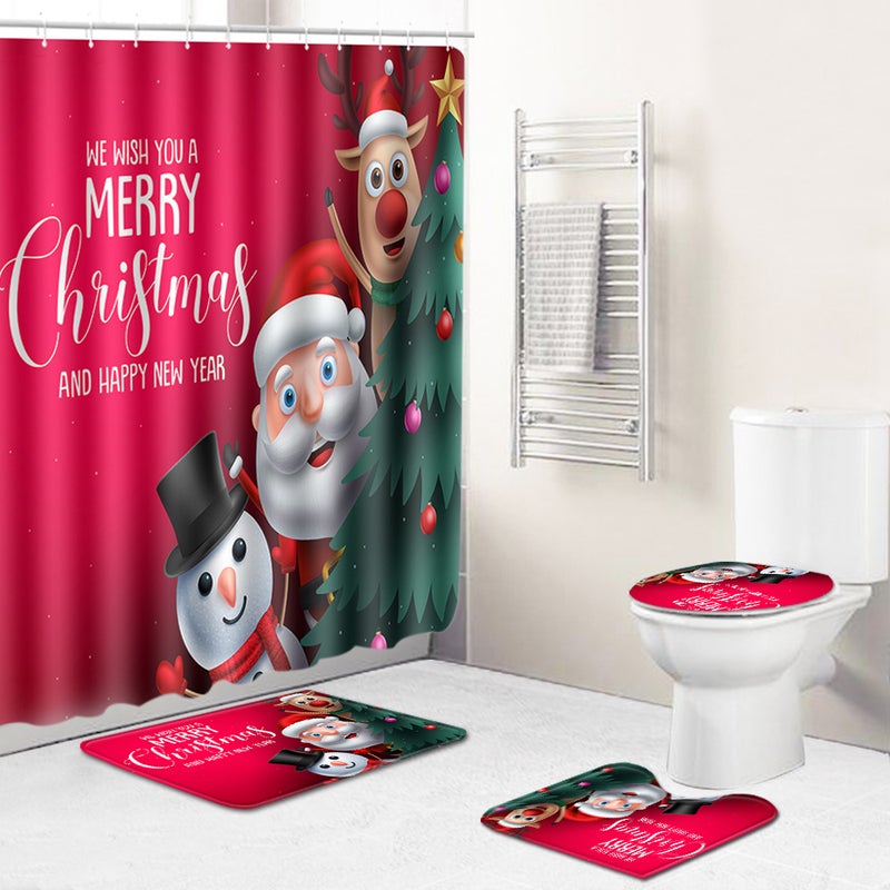 4Pcs/Set Christmas Style Santa Claus Printed Pattern Water-resistant Shower Curtain Pedestal Rug Lid Toilet Cover Mat Non-slip Bath Mat Set Bathroom Accessories - Image 2