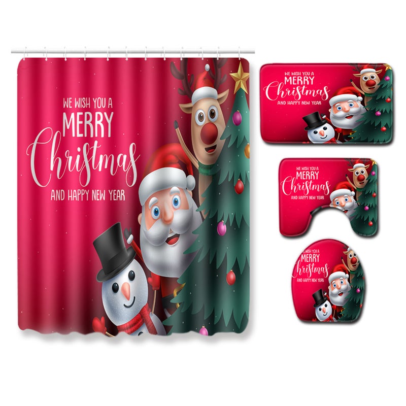 4Pcs/Set Christmas Style Santa Claus Printed Pattern Water-resistant Shower Curtain Pedestal Rug Lid Toilet Cover Mat Non-slip Bath Mat Set Bathroom Accessories - Image 1