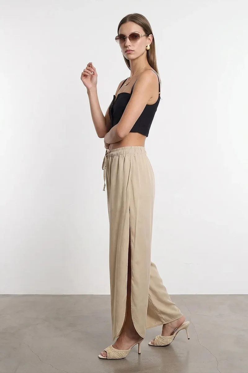 Dilvin Beige Natural DILVIN Women's Tencel Wide-Leg Crepe Trousers With Slit for Women | Best Price UAE
