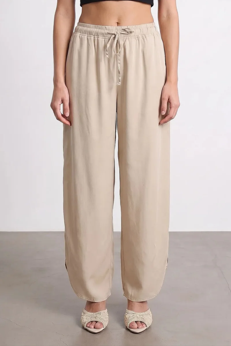 Dilvin Beige Natural DILVIN Women's Tencel Wide-Leg Crepe Trousers With Slit for Women | Best Price UAE