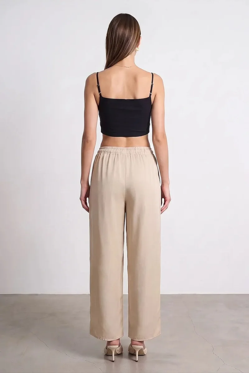 Dilvin Beige Natural DILVIN Women's Tencel Wide-Leg Crepe Trousers With Slit for Women | Best Price UAE