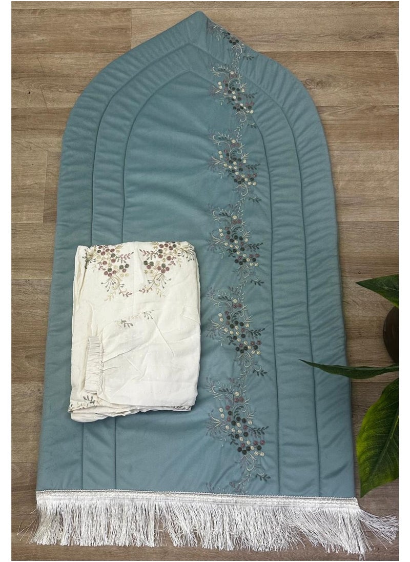 SMART HOME Embroidered sponge padded prayer rug set with a crushed embroidered prayer sheet. Excellent soft, cool material that provides you with comfort.  - Image 1