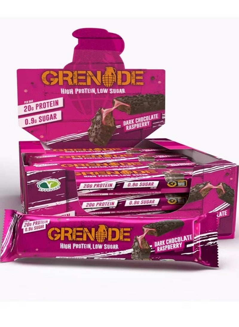 Grenade Dark Chocolate Raspberry Low Sugar High Protein Bar – Pack of 12 - Image 1