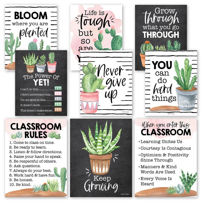Hadley Designs Motivational Posters for Classroom - 9 Growth Mindset Wall Art for Teachers, Durable Classroom Decorations for Elementary & Middle School, Teacher Supplies, Cactus Theme - Image 1