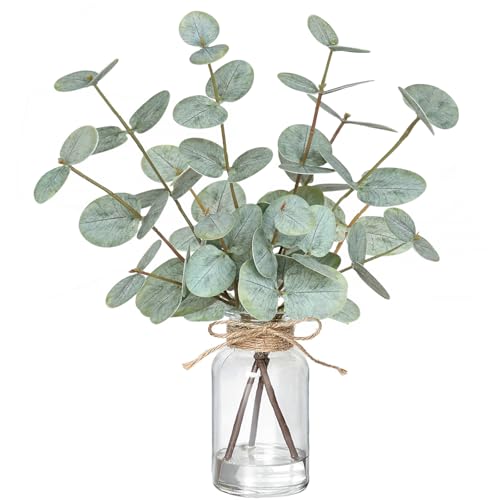 Piklado Fake Eucalyptus Stems in Vase with Faux WaterArtificial Plants Eucalyptus Leaves for Shelf Desk Bathroom Farmhouse Room Coffee Table Faux Greenery Plants Decorations Green - Image 1