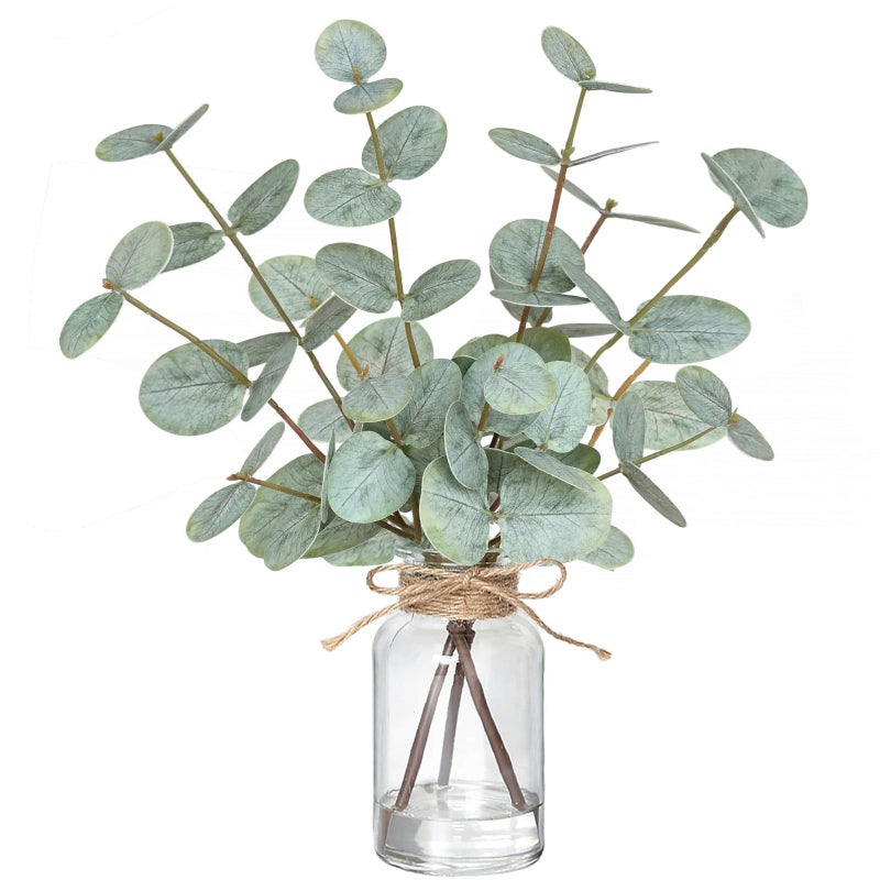 Piklado Fake Eucalyptus Stems in Vase with Faux WaterArtificial Plants Eucalyptus Leaves for Shelf Desk Bathroom Farmhouse Room Coffee Table Faux Greenery Plants Decorations Green - Image 2