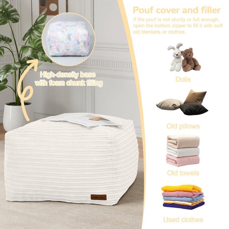 MeMoreCool Square Stuffed Pouf Ottoman Foot Rest, Stripe Furry Floor Pouf Foot Stool with Foam Chunk Filling, Soft Fluffy Stuffed Ottoman Footrest for Living Room, Corduroy Beige - Image 3