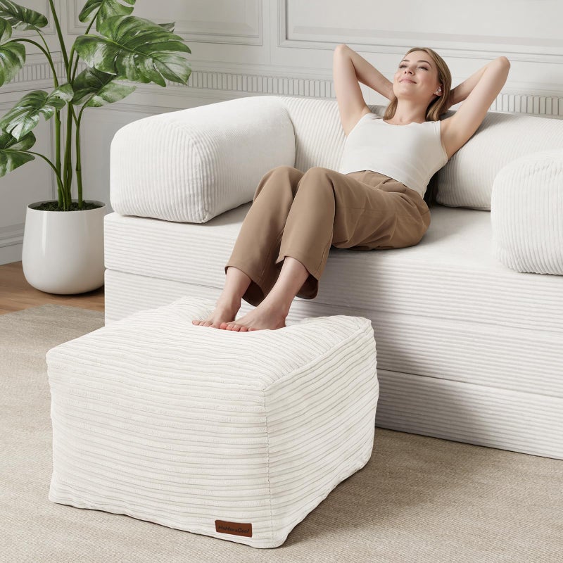 MeMoreCool Square Stuffed Pouf Ottoman Foot Rest, Stripe Furry Floor Pouf Foot Stool with Foam Chunk Filling, Soft Fluffy Stuffed Ottoman Footrest for Living Room, Corduroy Beige - Image 5