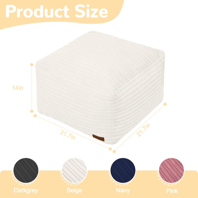 MeMoreCool Square Stuffed Pouf Ottoman Foot Rest, Stripe Furry Floor Pouf Foot Stool with Foam Chunk Filling, Soft Fluffy Stuffed Ottoman Footrest for Living Room, Corduroy Beige - Image 2