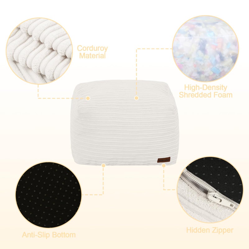 MeMoreCool Square Stuffed Pouf Ottoman Foot Rest, Stripe Furry Floor Pouf Foot Stool with Foam Chunk Filling, Soft Fluffy Stuffed Ottoman Footrest for Living Room, Corduroy Beige - Image 4