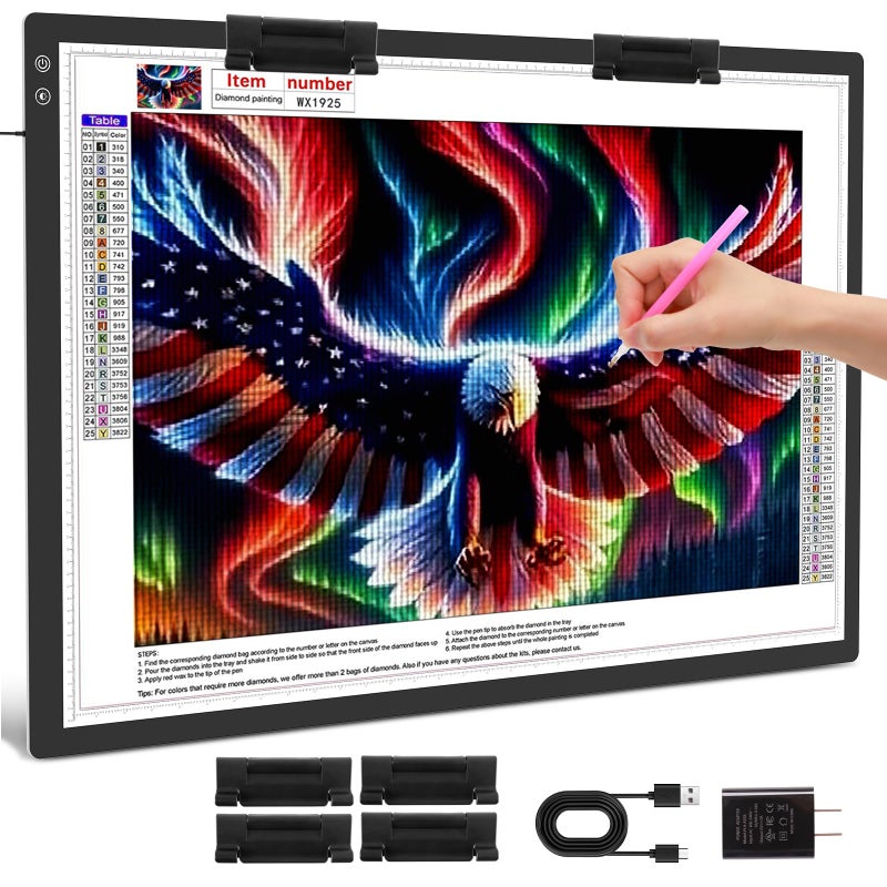 A3 Rechargeable Light Pad with Case TOHETO 2500mAh Battery Powered Light Board with Stand and Top Magnetic Clip 3 Colors Stepless Dimmable 6 Levels Brightness Light Box for Diamond Painting White