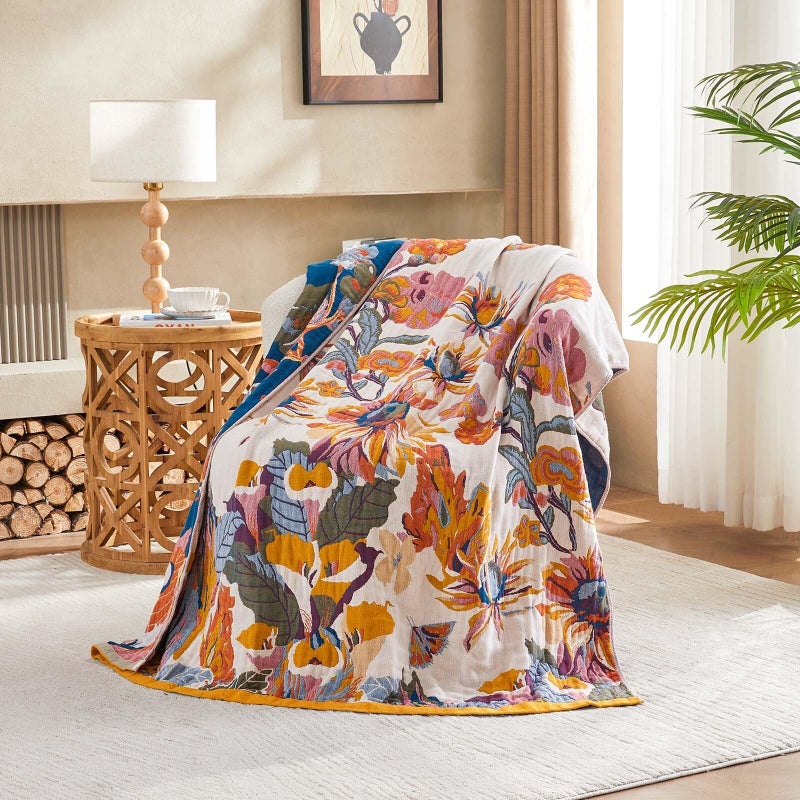 XIBLC Boho Throw Blanket, 100% Cotton Ultra Soft Luxury Throw Rustic Quilt, 50"x60" Floral Bird Butterfly Farmhouse Decor Bed Blankets, All Season Rustic Reversible Bohemian Throw for Bed - Yellow - Image 4