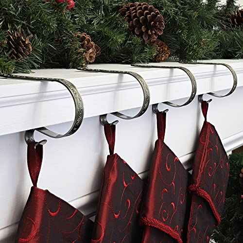 Haute Decor The Original MantleClip Stocking Holder with Holly Embossed Design- 4 Pack (Antique Brass) - Christmas Stocking Hanger Adjusts to Fit Various Mantel Styles - Image 4
