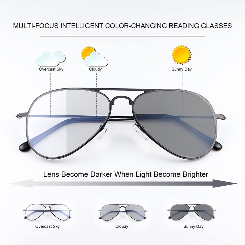 YIMI Photochromic Progressive Multifocus Reading Glasses UV400 Sunglasses Blue Light Blocking Aviator Transition Presbyopic (Black, 1.00, multiplier_x) - Image 2