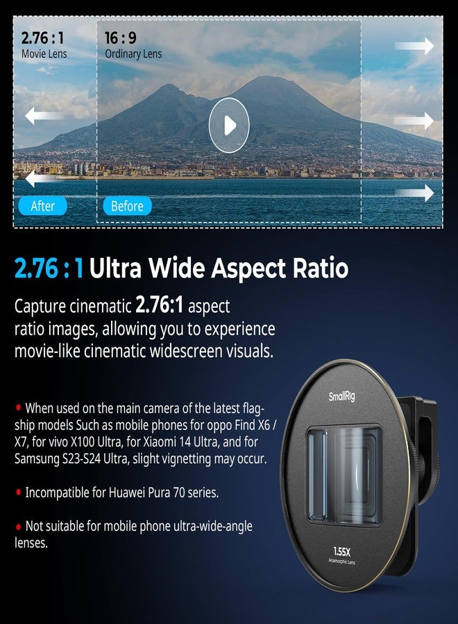 SMALLRIG عدسة أنامورفيك SmallRig 1.55XT للهاتف، عدسة سينمائية عريضة 2.76:1 مع توهج أزرق لحامل الهاتف T-mount، عدسة أنامورفيك مع مشبك عدسة لهواتف iPhone 15 14 13 12، وللسلسلة Samsung S22 S21 - 3578B - Image 3