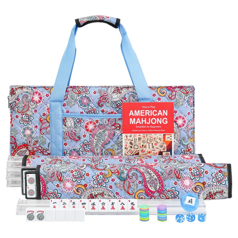 GUSTARIA American Mahjong Game Set, 166 White Tiles, 4 Transparent All-in-One Rack/Pushers, Complete Mahjong Tile Set, Blue-Red Printed Carrying Bag - Image 1