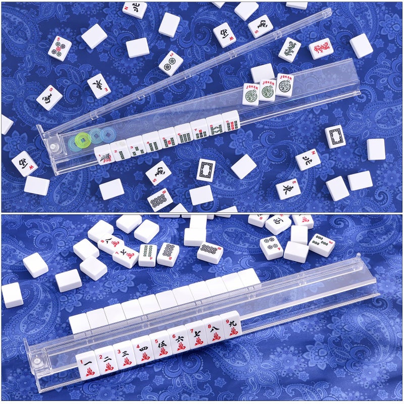 GUSTARIA American Mahjong Game Set, 166 White Tiles, 4 Transparent All-in-One Rack/Pushers, Complete Mahjong Tile Set, Blue-Red Printed Carrying Bag - Image 4