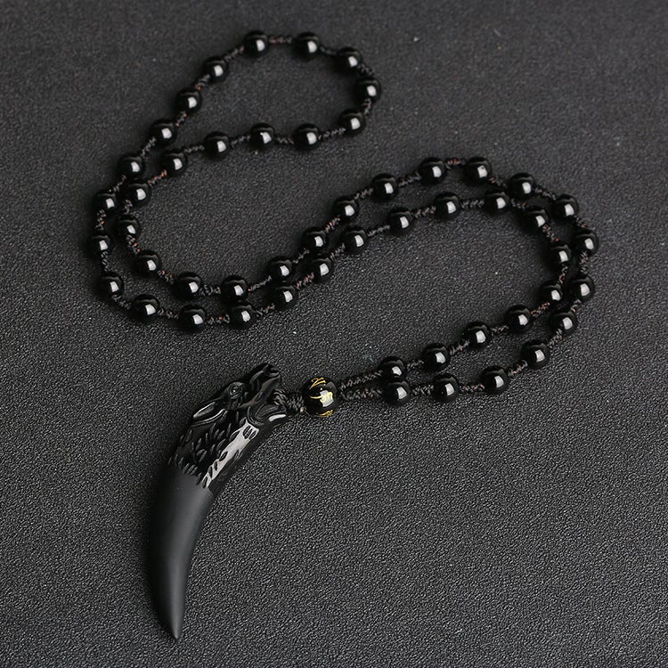 Generic New Wolf Tooth Pendant Natural Obsidian Couple Necklace Crystal Jewelry Style 3 (pure black large with bead chain) 