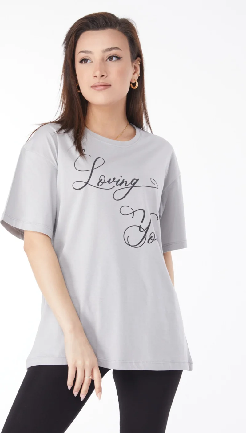Tofisa 24635-GRI Crew Neck Short Sleeve Printed T-Shirt