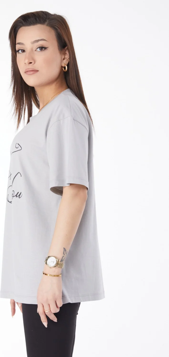 Tofisa 24635-GRI Crew Neck Short Sleeve Printed T-Shirt