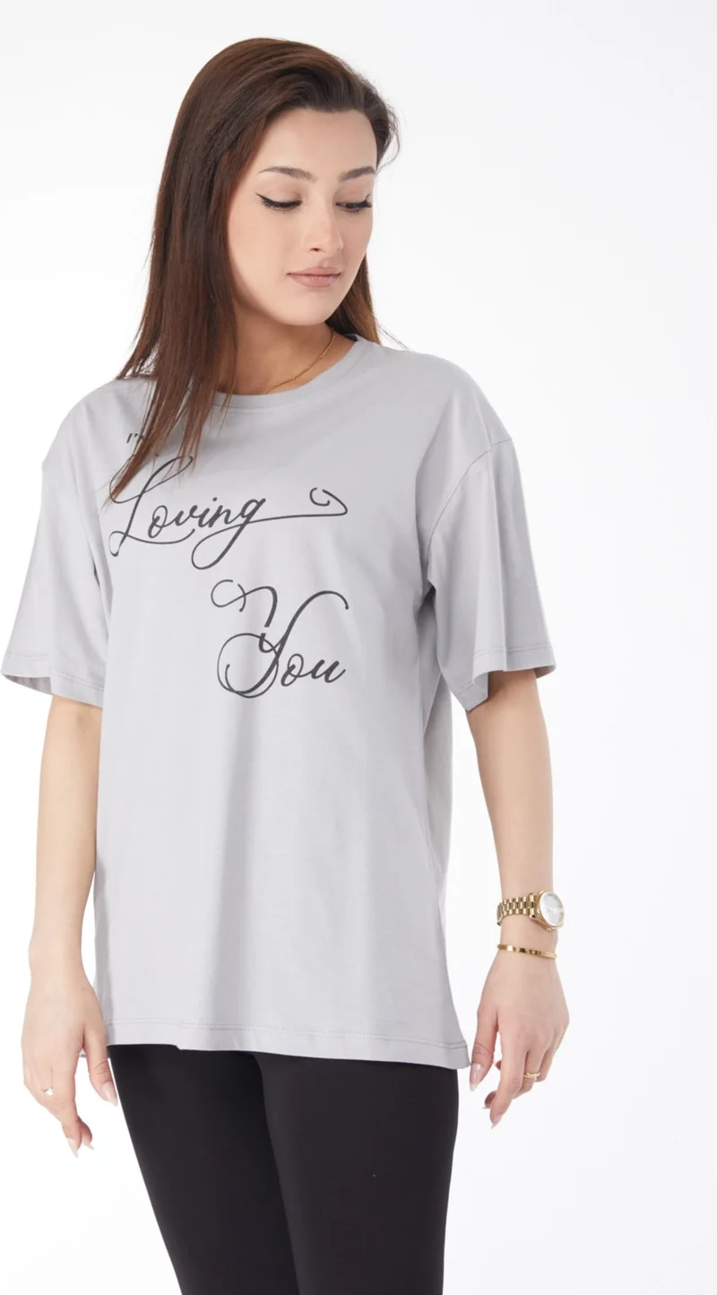 Tofisa 24635-GRI Crew Neck Short Sleeve Printed T-Shirt