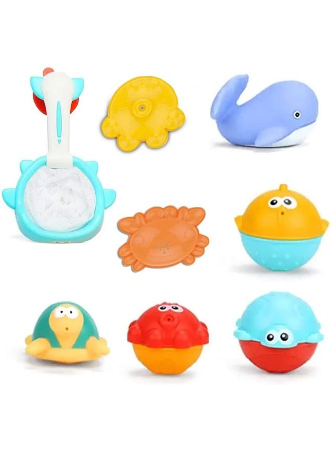 BAYBEE مجموعة ألعاب حمام للأطفال مكونة من 8 قطع مع شبكة صيد وألعاب حيوانات مائية عائمة وحوض سباحة وألعاب شاطئ للأطفال وألعاب حمام للأطفال من سن 0 إلى 24 شهرًا - Image 1