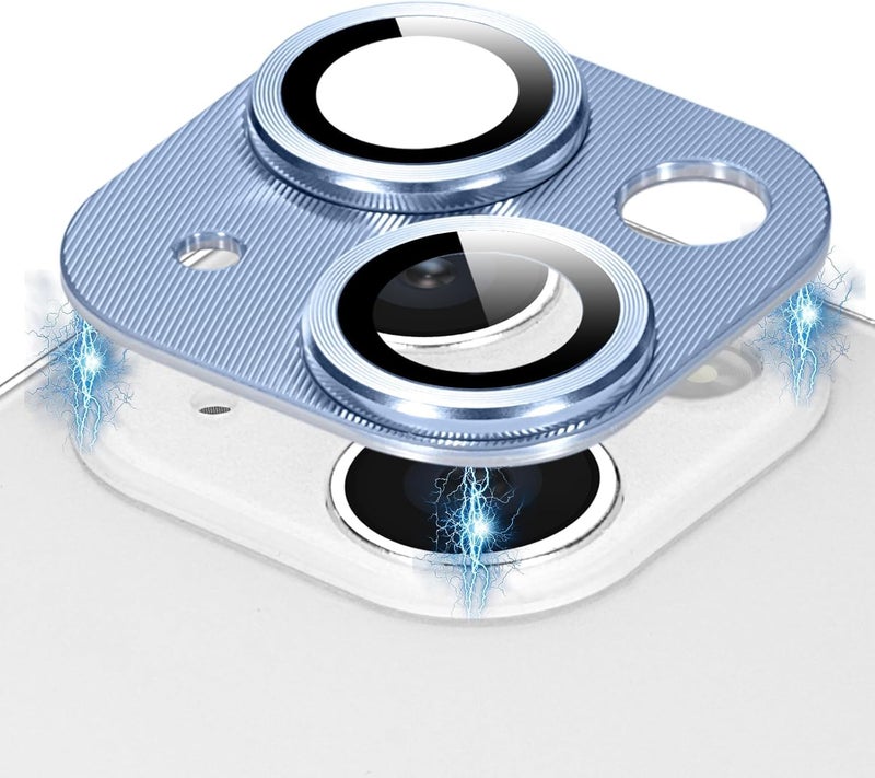 KEKOZE Camera Lens Protector Compatible With iPhone 13 and iPhone 13 Mini � Full Coverage 9H Tempered Glass with Metal Plate, HD Clear, Joint Camera Ring Protector - Blue - Image 1