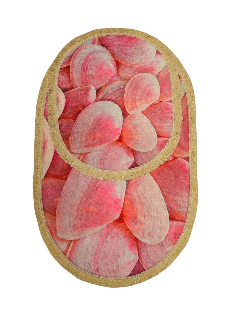 Fabienne 2-Pc Floor Mat Set Turkish Large Anti-Slip Door Mat Set Digital Printed Bath Mat Water Absorbing Kitchen Mat Oval Shape (100x60cm & 60x50cm) with Tassle Edges Pink Shell