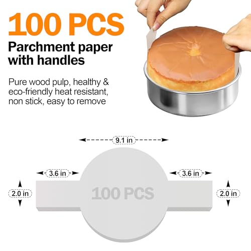 Fcgbdbz 9 Inch Cake Pans Set of 2 with 100 Pieces Parchment Paper Stainless Steel Round Cake Pans Baking Pan For Layered Cakes No Coating Smash Cake Pans Mirror Finish Dishwasher Safe Cake Mold - Image 3