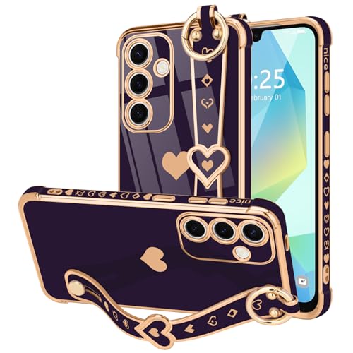 LLZ.COQUE for Samsung Galaxy A16 4G/5G Case Cute Love-Heart Plating Strap Phone Cover for Women Girls Bling Silicone Camera Protection Bumper Shockproof Phone Case for Galaxy A16 (6.7")-Dark Purple - Image 1
