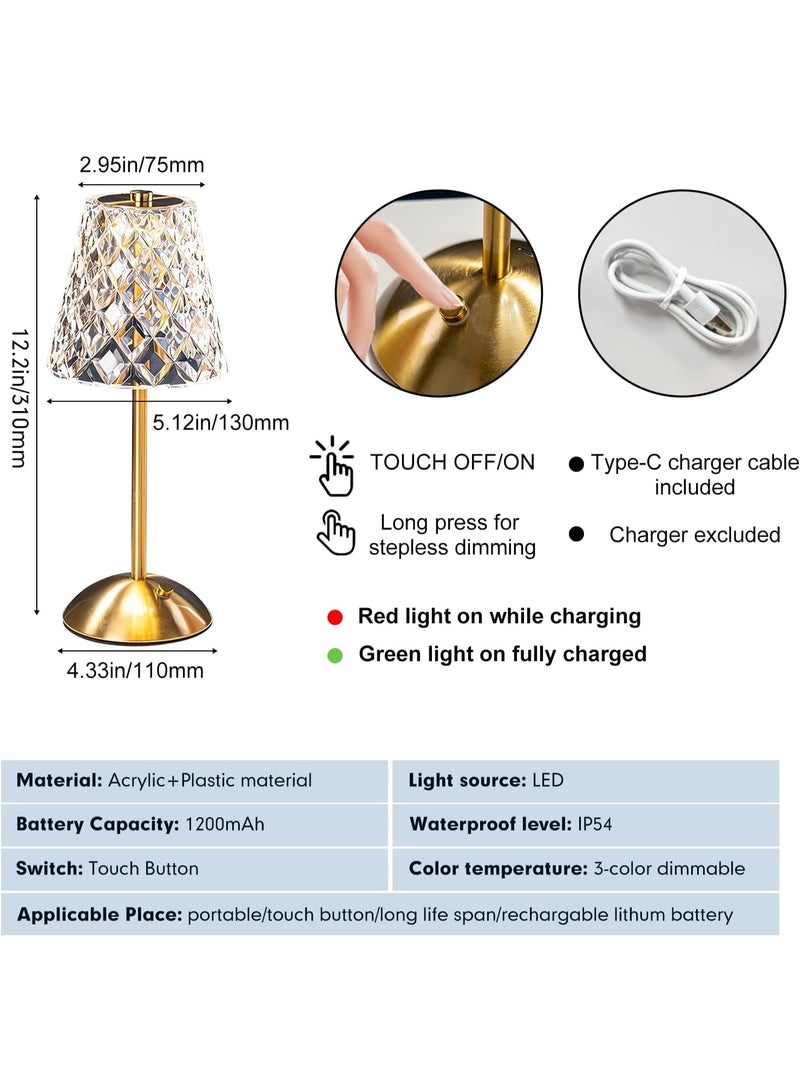 ناما مصباح طاولة كريستال من ايوين، مصباح طاولة مزخرف محمول ذهبي LED قابل للتعتيم وقابل لاعادة الشحن، مصباح مكتب لاسلكي يعمل بالبطارية لغرفة النوم والمنزل وغرفة المعيشة والفندق - Image 3