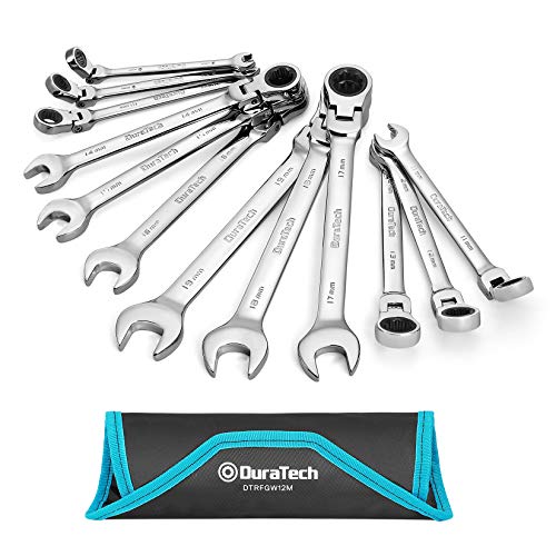 DURATECH FlexHead Ratcheting Wrench Set Combination Wrench Set 72 Tooth Metric 12piece Size Covers 819mm CRV Steel with Rolling Pouch