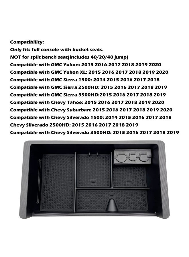 Center Console Organizer Tray Compatible With 2014-2018 Gmc Sierra Accessories  2015-2020 Yukon Chevy Tahoe Silverado Suburban Armrest Storage Box Replaces 22817343 Black - Image 2