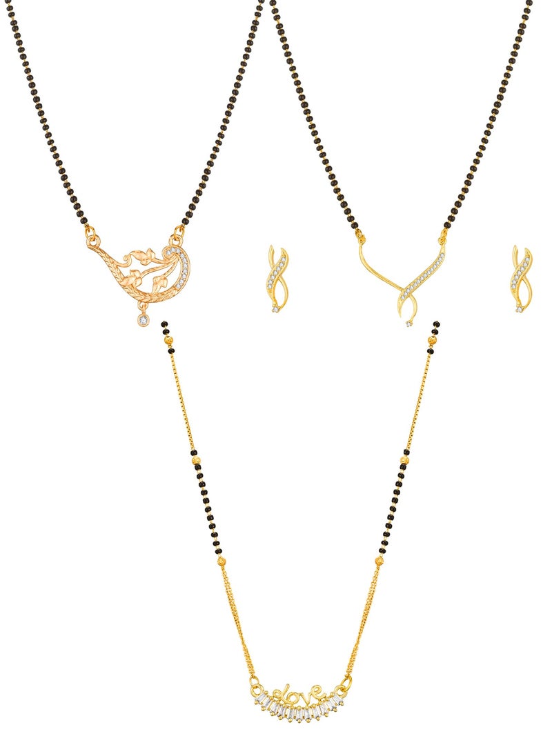 Bevogue Stylish Combo Mangalsutra Set for Women | Black Beads Design | Brass with Gold Plating | Trending Use Jewellery | Latest Traditional Look | Ideal Gift for Her | 3 Mangalsutra and 1 Pair of Earrings (MS2949) - Image 1