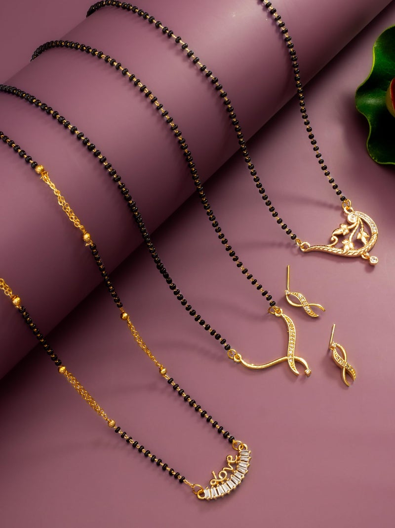 Bevogue Stylish Combo Mangalsutra Set for Women | Black Beads Design | Brass with Gold Plating | Trending Use Jewellery | Latest Traditional Look | Ideal Gift for Her | 3 Mangalsutra and 1 Pair of Earrings (MS2949) - Image 2