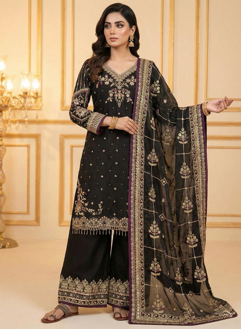 ANAITA Black Chinon Silk Readymade Suit with Embroidery & Sequence Work - Image 1