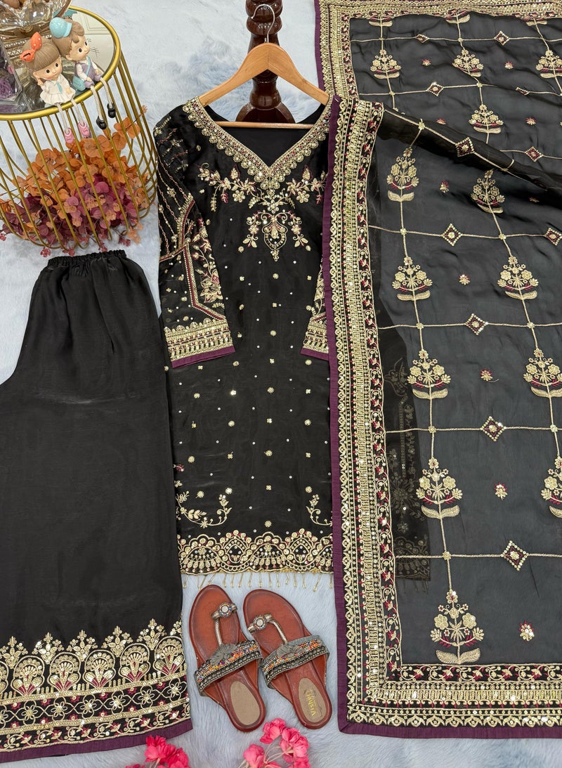 ANAITA Black Chinon Silk Readymade Suit with Embroidery & Sequence Work - Image 3