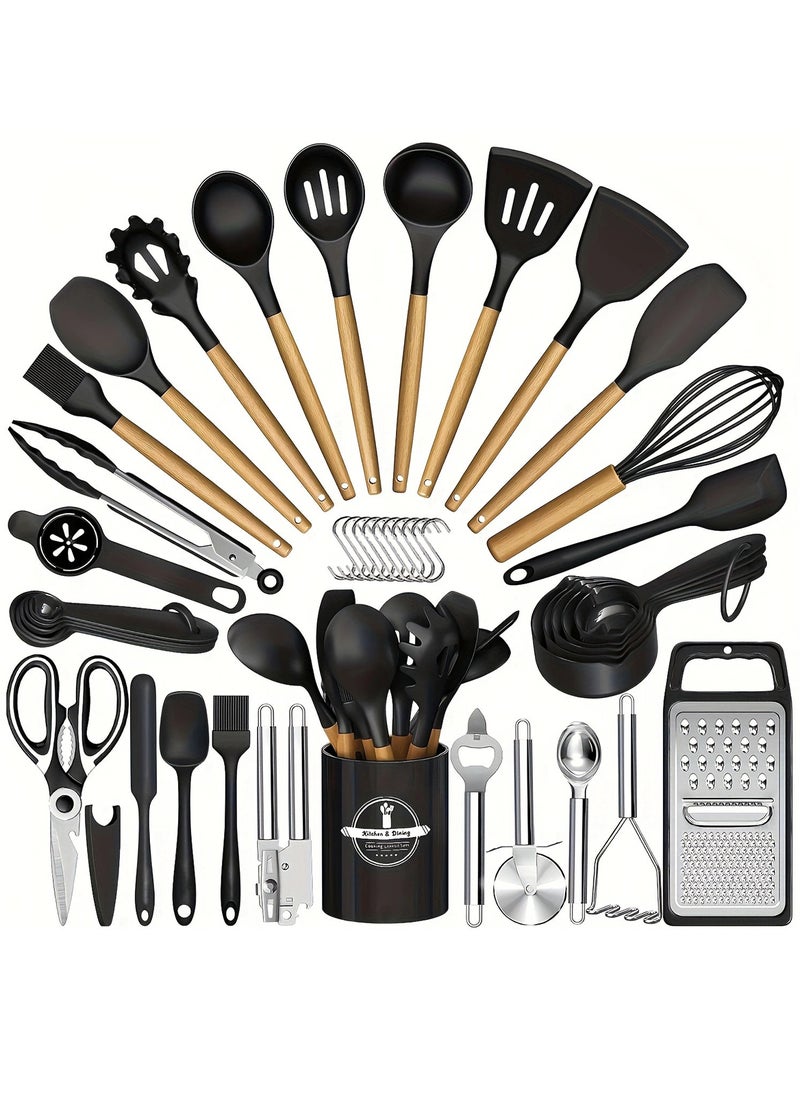 Sharpdo Silicone Kitchen Utensil Set, 44-Piece Heat Resistant Kitchen Gadgets and Tools with Grater, Wooden Handle, for Nonstick Pans  - Image 1