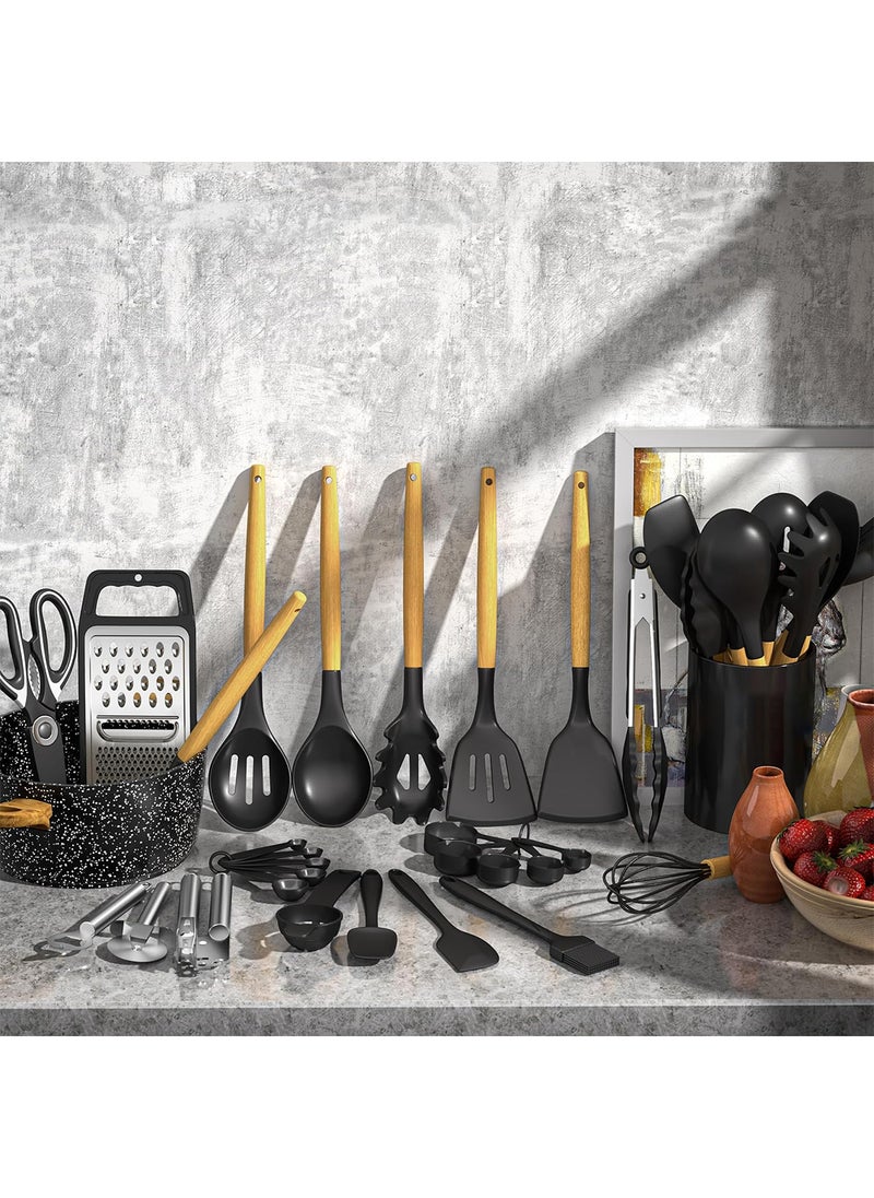 Sharpdo Silicone Kitchen Utensil Set, 44-Piece Heat Resistant Kitchen Gadgets and Tools with Grater, Wooden Handle, for Nonstick Pans  - Image 4