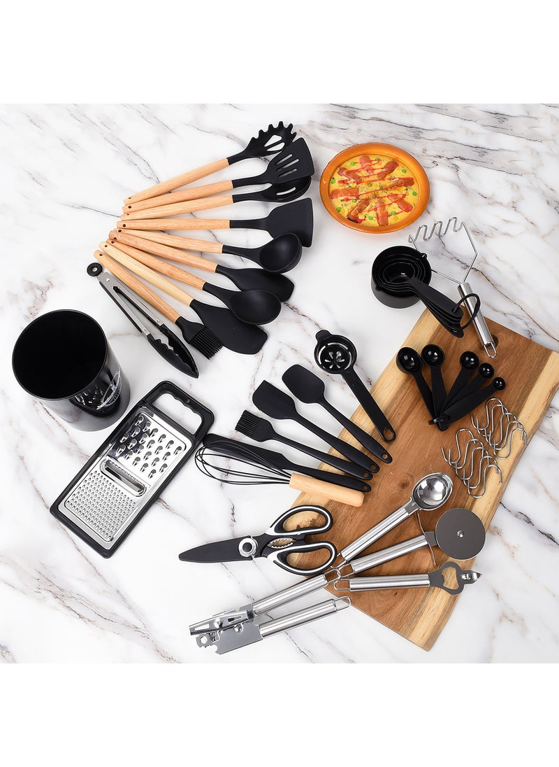 Sharpdo Silicone Kitchen Utensil Set, 44-Piece Heat Resistant Kitchen Gadgets and Tools with Grater, Wooden Handle, for Nonstick Pans  - Image 2
