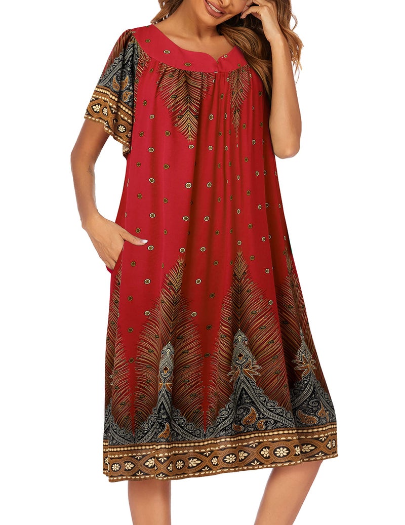 Ekouaer Womens Nightgown Short Sleeve House Dress with Pockets-Floral Print Mumu Dress Floral Red, Large - Image 3