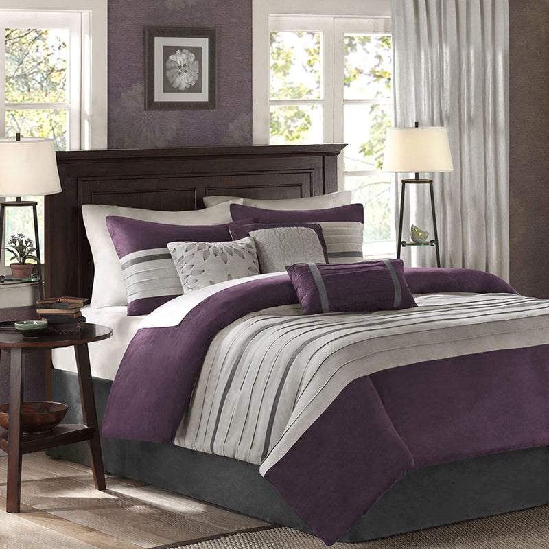 madison park Madison Park Palmer Comforter Set  Faux Suede Design Striped Accent All Season Bedding Shams Decorative Pillow Bed Skirt Queen 90 in x 90 in Purple 7 Piece 