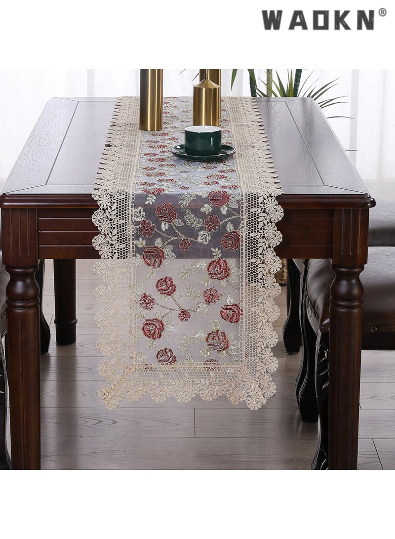 WAOKN Exquisite Embroidered Lace Table Runner with Intricate Designs, Ideal for Weddings, Special Events, Hotel Banquets, and Enhances Tablecloth Elegance, Perfect for Sophisticated Decor - Image 1