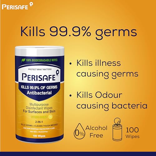 PERISAFE Multipurpose Disinfectant Wipes For Surfaces & Skin-Combo Pack 100 Wipes Each | 100% Biodegradable | Antibacterial | 2-IN-1- Kills Germs & Cleans Tough Messes | Citrus-Fresh Mint - Image 3